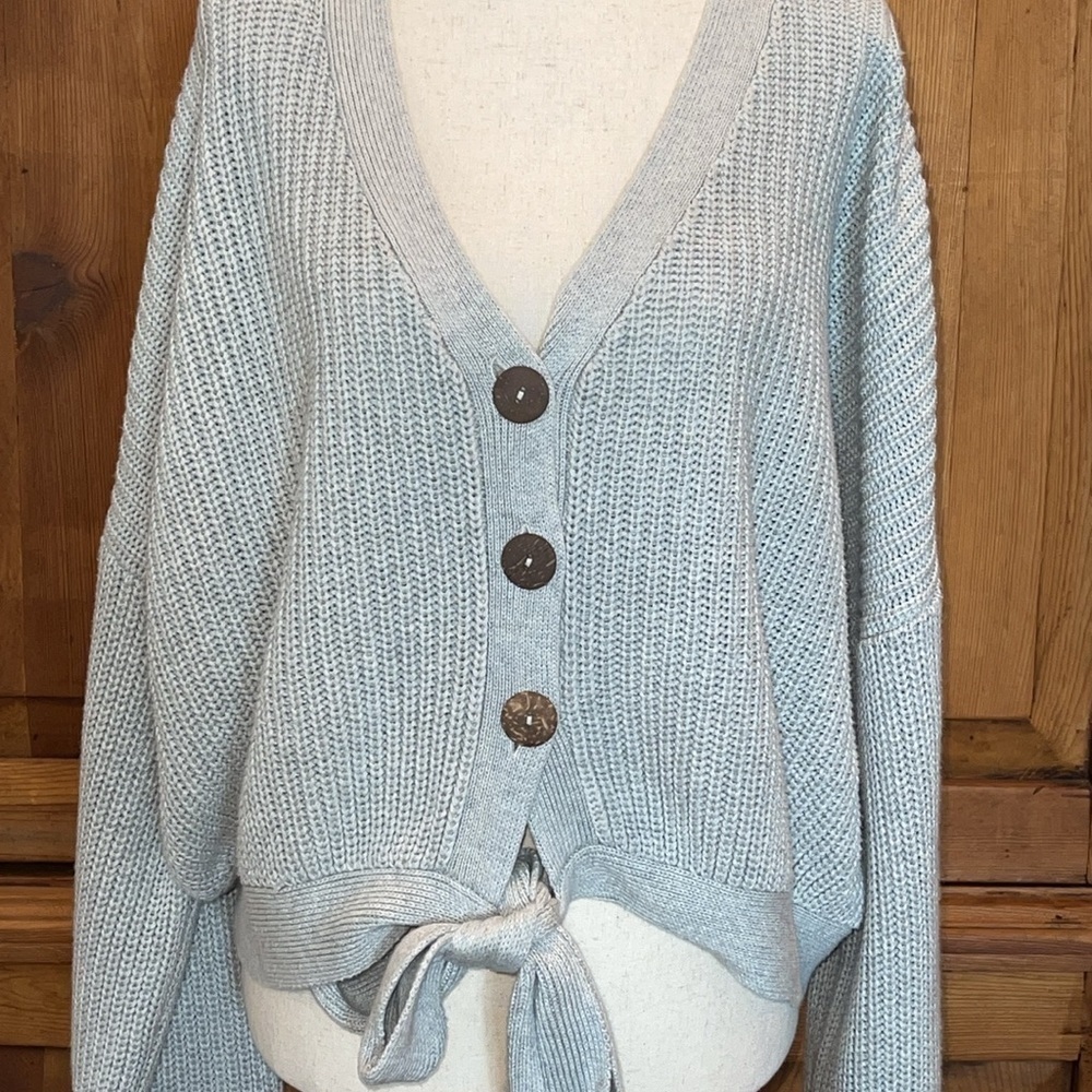 LUMIERE Gray Relaxed Fit Gray Cropped Balloon Sleeve Sweater Sz. L - Picture 7 of 15